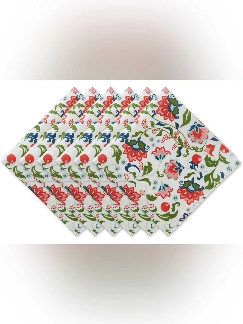 Floral Cotton Napkins - White with Red, Green & Blue Pattern